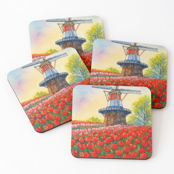 Item preview, Dutch Windmill and Red Tulip Field Watercolour Painting designed and sold by Funky Bear Illustrations.