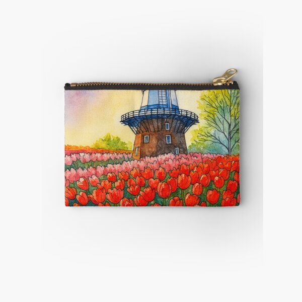 Item preview, Dutch Windmill and Red Tulip Field Watercolour Painting designed and sold by Funky Bear Illustrations.