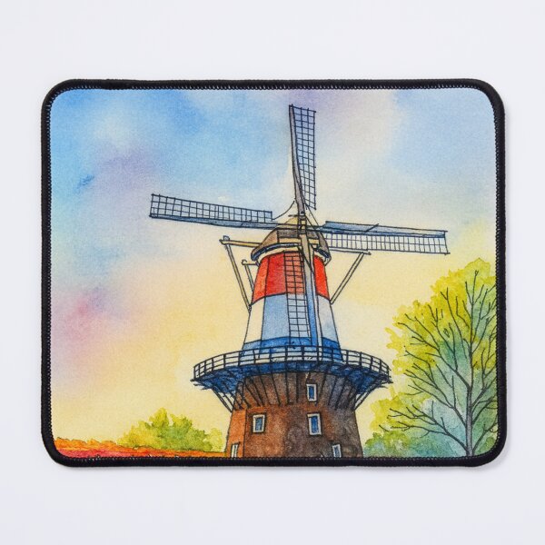 Item preview, Dutch Windmill and Red Tulip Field Watercolour Painting designed and sold by Funky Bear Illustrations.