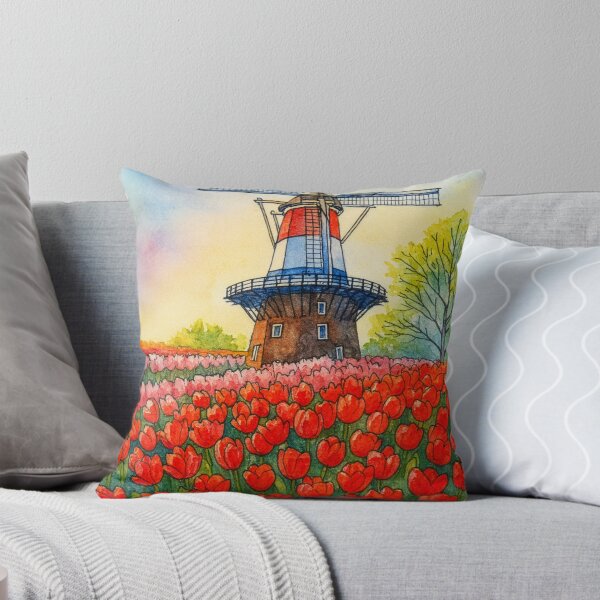 Item preview, Dutch Windmill and Red Tulip Field Watercolour Painting designed and sold by Funky Bear Illustrations.