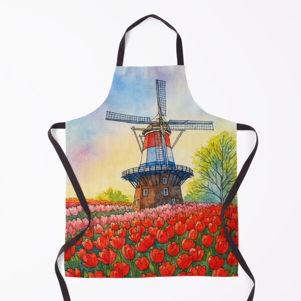 Item preview, Dutch Windmill and Red Tulip Field Watercolour Painting designed and sold by Funky Bear Illustrations.