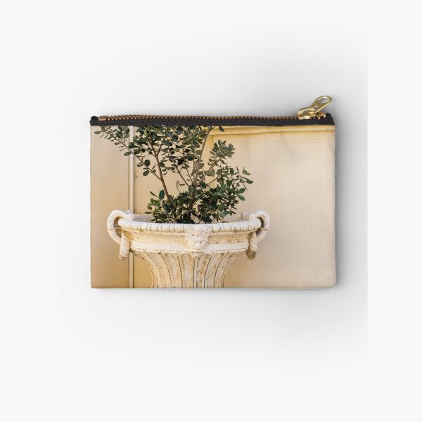 Item preview, Antique Stone Planter With Green Shrub Beside Pale Wall And Blue Window Frame designed and sold by Nmallia.