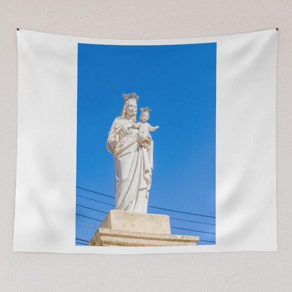 Item preview, Virgin Mary Statue With Child Jesus Wearing Crowns Against Clear Blue Sky designed and sold by Nmallia.