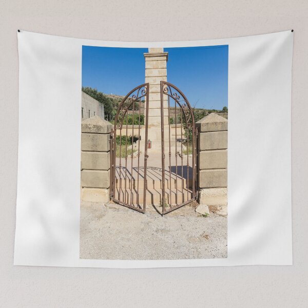 Item preview, Wrought Iron Gate and Stone Pillars Entrance With Open Archway and Rustic Mediterranean Charm designed and sold by Nmallia.