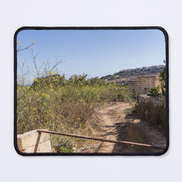 Item preview, Sunny Rural Path Through Mediterranean Countryside With Stone Wall, Yellow Wildflowers and Hilltop Village designed and sold by Nmallia.