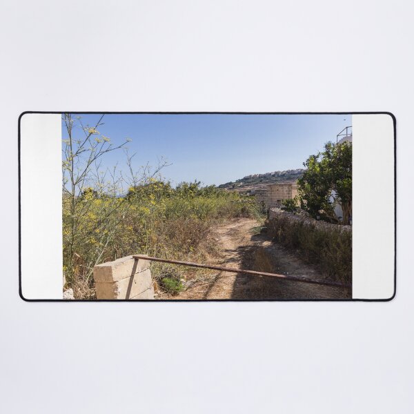 Item preview, Sunny Rural Path Through Mediterranean Countryside With Stone Wall, Yellow Wildflowers and Hilltop Village designed and sold by Nmallia.