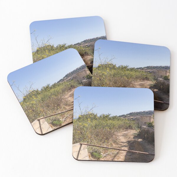 Item preview, Sunny Rural Path Through Mediterranean Countryside With Stone Wall, Yellow Wildflowers and Hilltop Village designed and sold by Nmallia.