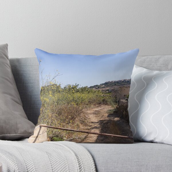 Item preview, Sunny Rural Path Through Mediterranean Countryside With Stone Wall, Yellow Wildflowers and Hilltop Village designed and sold by Nmallia.