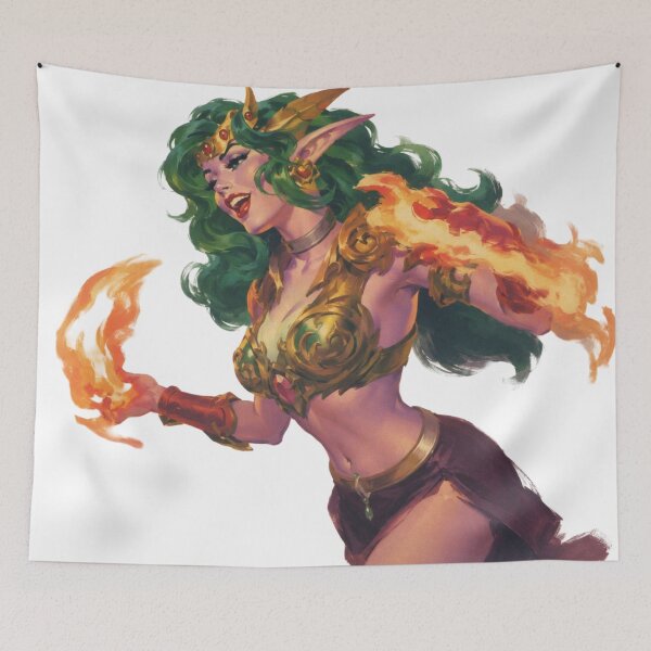 Item preview, Fire Queen Elf Pin Up Girl | Original Fantasy Flame Mage Vintage Retro Illustration designed and sold by Cosplayvintage.