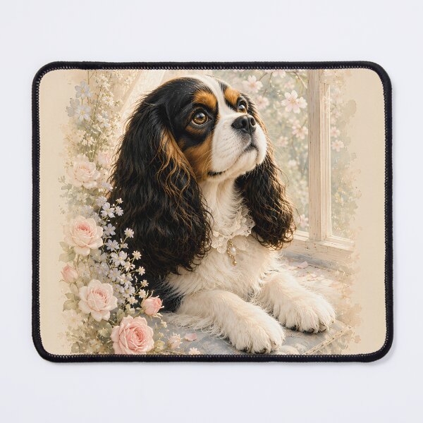 Item preview, Cavalier King Charles Spaniel by the Window | Soft Floral Dog Portrait | Elegant Pet Art designed and sold by ManJiangHong.