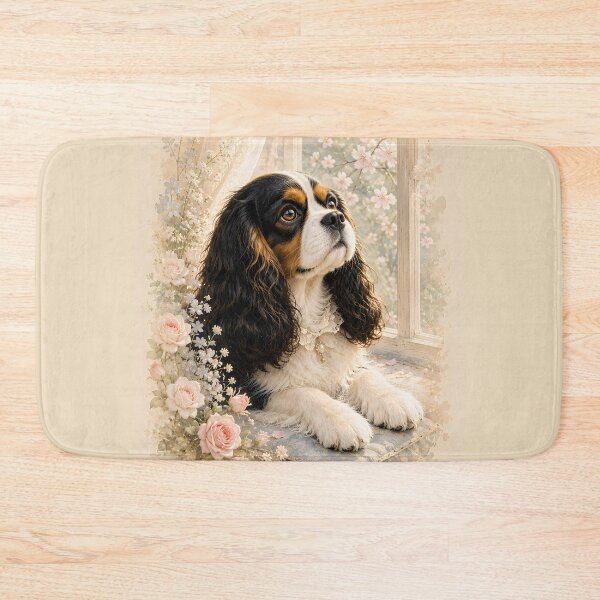 Item preview, Cavalier King Charles Spaniel by the Window | Soft Floral Dog Portrait | Elegant Pet Art designed and sold by ManJiangHong.