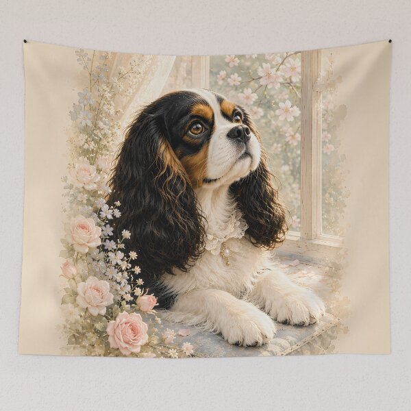 Item preview, Cavalier King Charles Spaniel by the Window | Soft Floral Dog Portrait | Elegant Pet Art designed and sold by ManJiangHong.