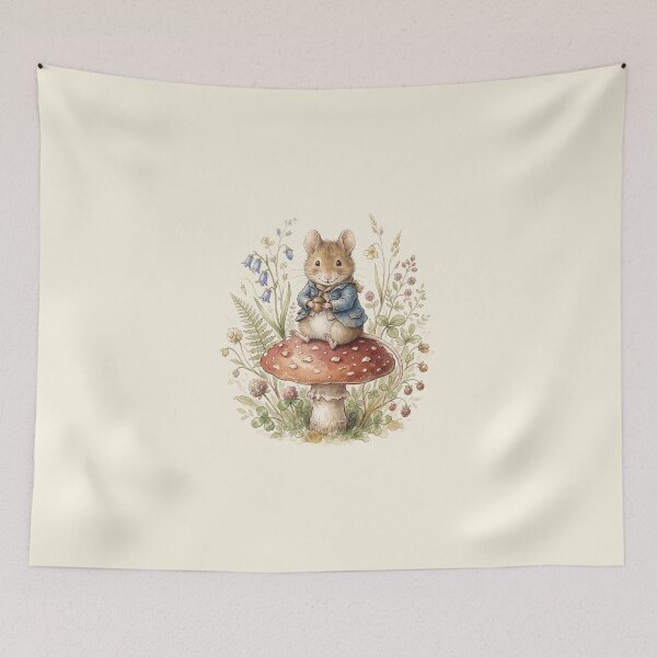 Item preview, Whimsical Mouse Boy Sitting on a Mushroom Illustration designed and sold by Pasteltone.