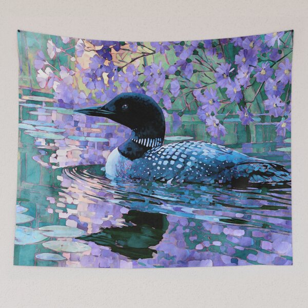 Item preview, Purple Asters and Swimming Loon Watercolor designed and sold by Janine Aykens.