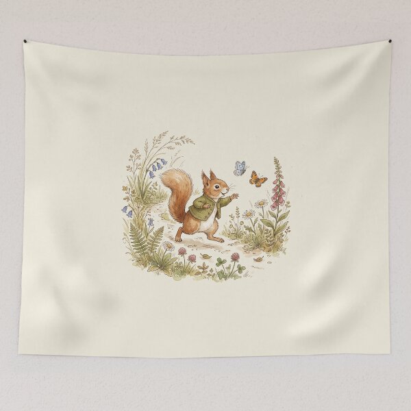 Item preview, Cute Woodland Squirrel Chasing Butterflies Watercolor Art designed and sold by Pasteltone.