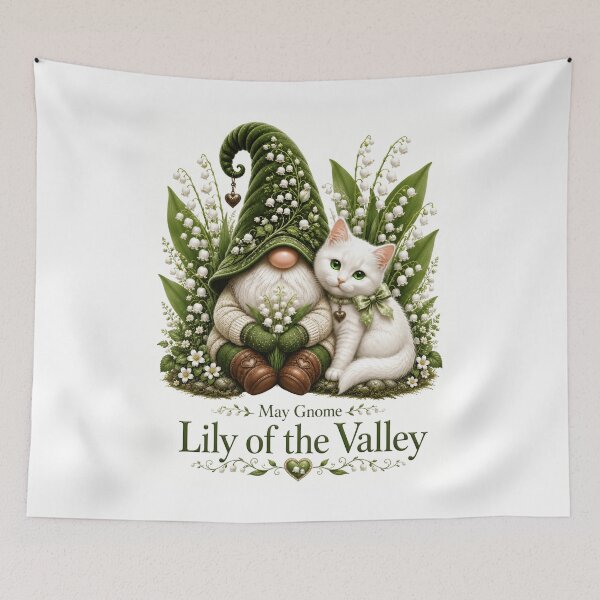 Item preview, May Gnome Lily of the Valley Cute Spring Gnome with White Cat & Birth Flower designed and sold by RoPrincess.