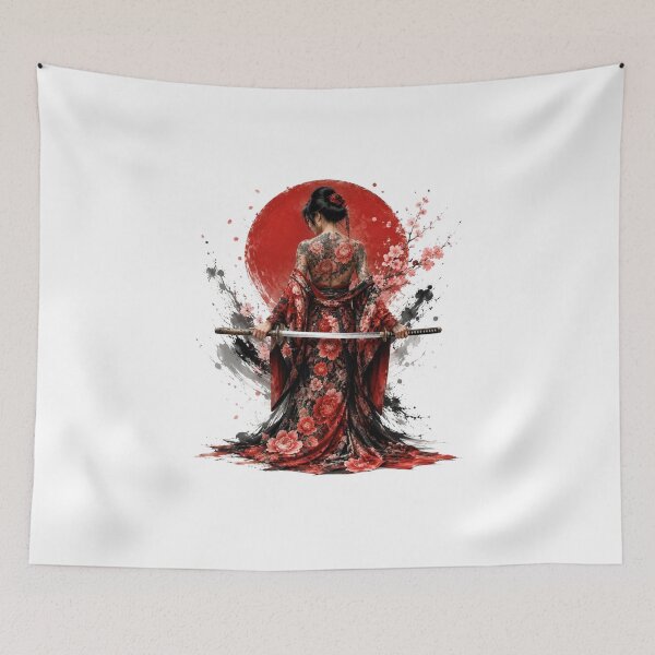 Item preview, Samurai Woman in Floral Kimono - Naked Katana and Red Sun designed and sold by Natalia-Vlad.