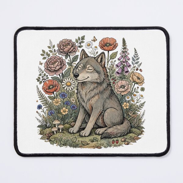 Item preview, Happy Wolf in Wildflower Meadow - Cottagecore Woodland Animal Art designed and sold by Neurospicy Trolls.