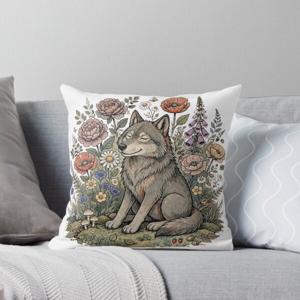 Item preview, Happy Wolf in Wildflower Meadow - Cottagecore Woodland Animal Art designed and sold by Neurospicy Trolls.