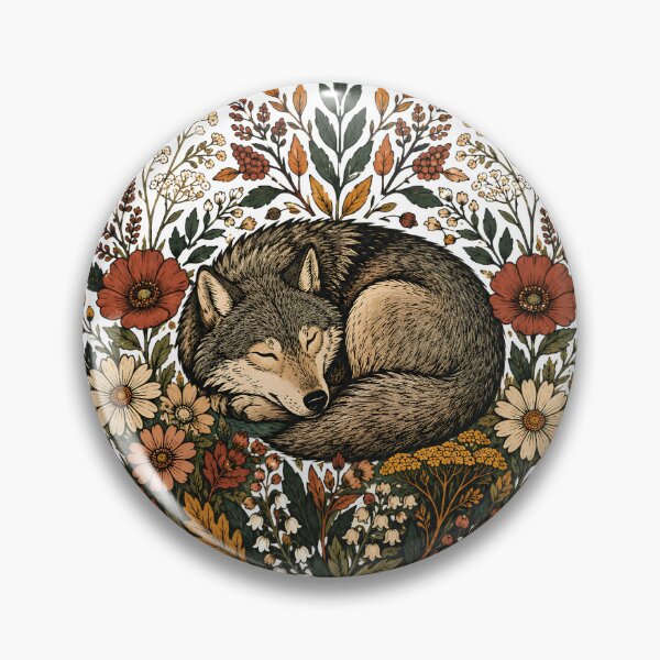 Item preview, Sleeping Wolf in Autumn Flowers - Vintage Cottagecore Woodland Wreath designed and sold by Neurospicy Trolls.
