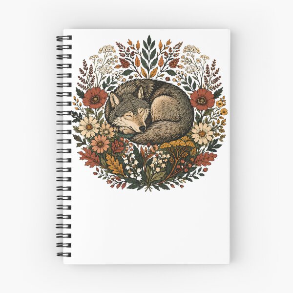 Item preview, Sleeping Wolf in Autumn Flowers - Vintage Cottagecore Woodland Wreath designed and sold by Neurospicy Trolls.