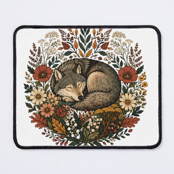 Item preview, Sleeping Wolf in Autumn Flowers - Vintage Cottagecore Woodland Wreath designed and sold by Neurospicy Trolls.