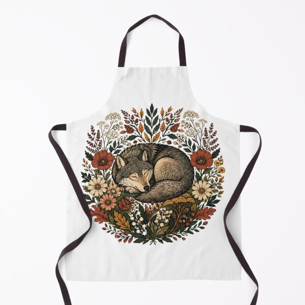 Item preview, Sleeping Wolf in Autumn Flowers - Vintage Cottagecore Woodland Wreath designed and sold by Neurospicy Trolls.