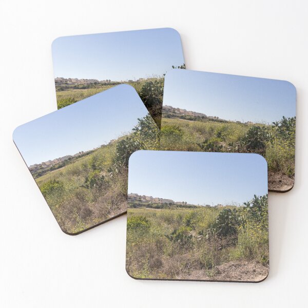 Item preview, Prickly Pear Cactus in Sunny Dry Field Near Low-Rise Town Buildings Under Clear Blue Sky designed and sold by Nmallia.