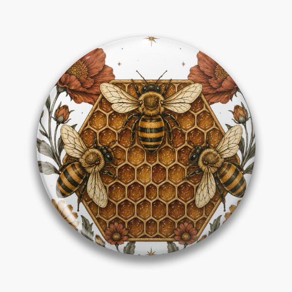 Item preview, Three Bees on Golden Honeycomb - Vintage Botanical Beekeeper Floral Art designed and sold by Neurospicy Trolls.