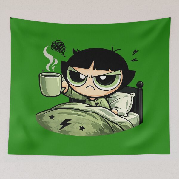 Item preview, Grumpy Green Morning Mood | Angry Cartoon Girl with Coffee Mug Sticker designed and sold by designbyuzi.