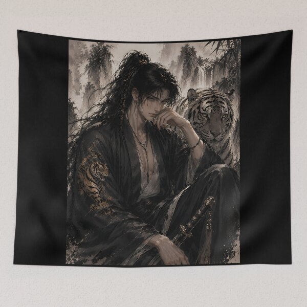 Item preview, White Tiger and Swordsman | Oriental Ink Fantasy Art | Martial Arts Warrior | Asian Ink Painting | Majestic Tiger Wall Decor | Mystic Wildlife Illustration designed and sold by ManJiangHong.