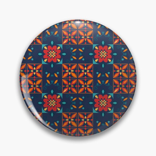 Item preview, Navy Orange Coral Folk Floral Checkerboard Pattern designed and sold by 555Design.