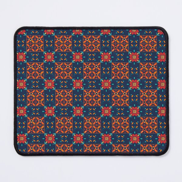 Item preview, Navy Orange Coral Folk Floral Checkerboard Pattern designed and sold by 555Design.