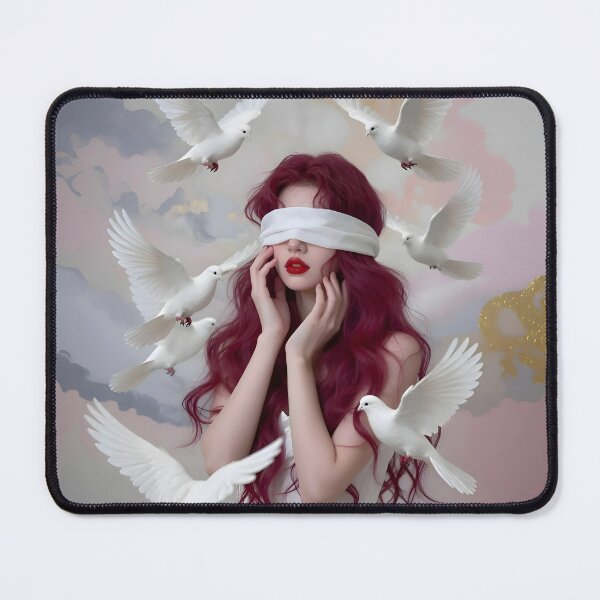 Item preview, Surreal Artwork: Woman with Burgundy Hair and White Doves designed and sold by Lucia Amaris Art.