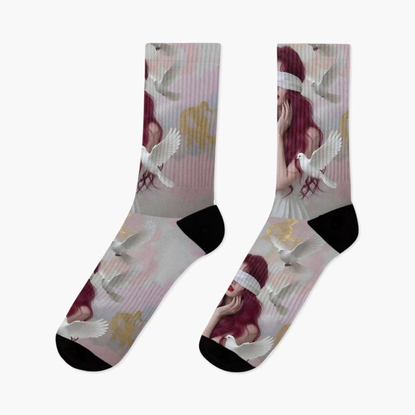 Item preview, Surreal Artwork: Woman with Burgundy Hair and White Doves designed and sold by Lucia Amaris Art.