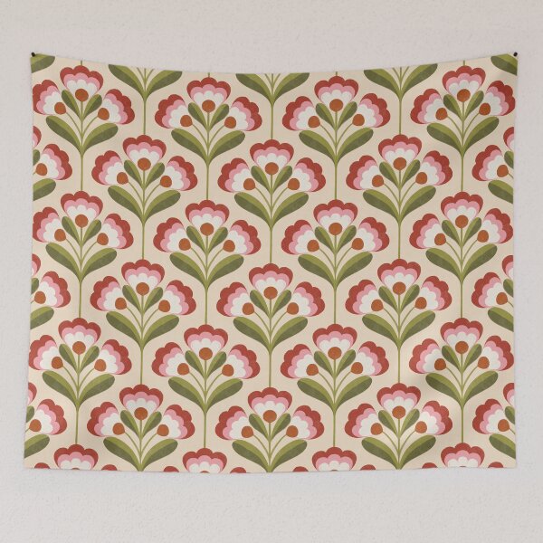 Item preview, Retro 70s Folk Floral Pattern in Cream Linen & Olive designed and sold by Illustrated by Nat.