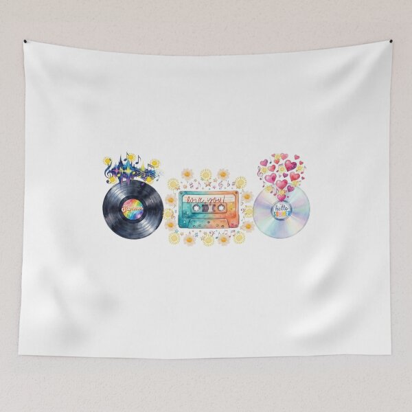 Item preview, Retro Music Collection Vinyl Cassette CD Watercolor Summer Vibes Illustration designed and sold by VibranPalette.