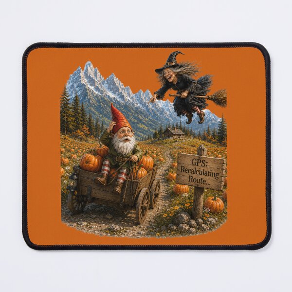 Item preview, Funny Pumpkin Patch Gnome & Witch – GPS: Recalculating Route Halloween Design designed and sold by Alpine-Ink.