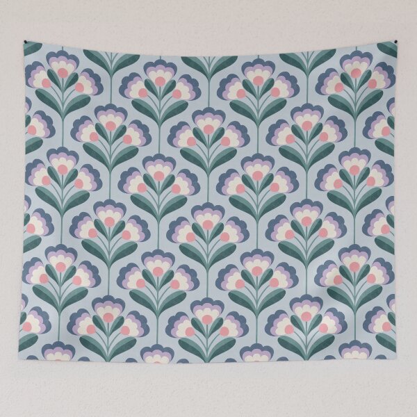 Item preview, Retro 70s Folk Floral Pattern in Powder Blue & Teal designed and sold by Illustrated by Nat.