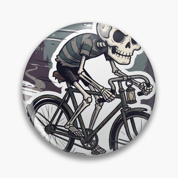 Item preview, Skeleton Wearing Cap and Striped Shirt Riding Bicycle on Cobblestone Path at Night designed and sold by MisteryDesigner.