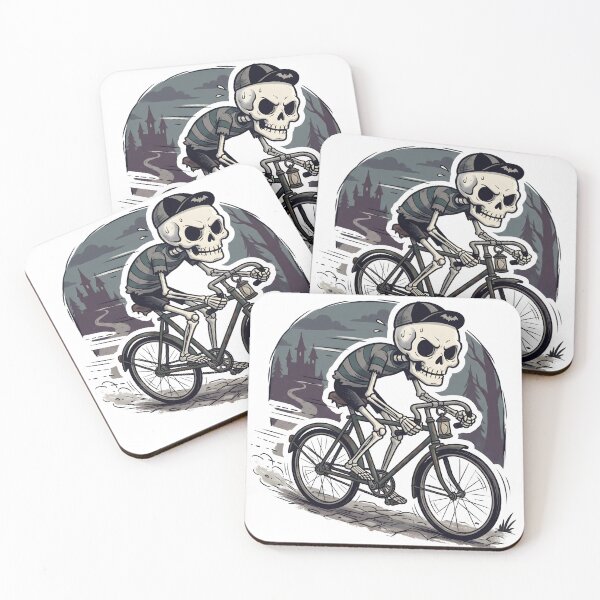 Item preview, Skeleton Wearing Cap and Striped Shirt Riding Bicycle on Cobblestone Path at Night designed and sold by MisteryDesigner.