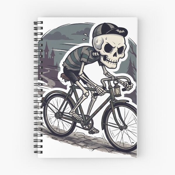 Item preview, Skeleton Wearing Cap and Striped Shirt Riding Bicycle on Cobblestone Path at Night designed and sold by MisteryDesigner.