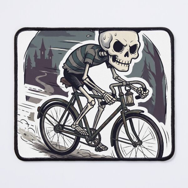 Item preview, Skeleton Wearing Cap and Striped Shirt Riding Bicycle on Cobblestone Path at Night designed and sold by MisteryDesigner.