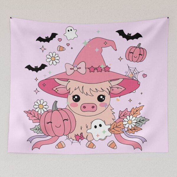 Item preview, Cute Pink Highland Cow Witch Kawaii Halloween Design designed and sold by SoftStyleStudio ⭐⭐⭐.