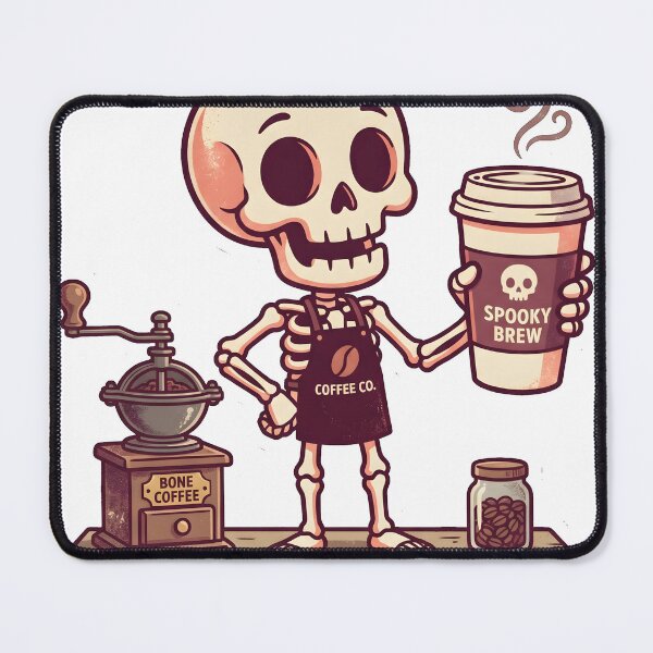 Item preview, Skeleton Barista Wearing Coffee Co Apron Holding Spooky Brew Cup Next to Vintage Grinder designed and sold by MisteryDesigner.