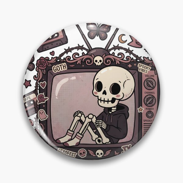Item preview, Skeleton Sitting Inside Vintage Television Surrounded by Mix Tapes Butterflies Ghosts and Goth  designed and sold by MisteryDesigner.