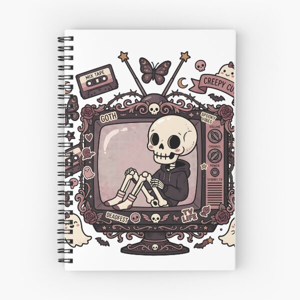 Item preview, Skeleton Sitting Inside Vintage Television Surrounded by Mix Tapes Butterflies Ghosts and Goth  designed and sold by MisteryDesigner.