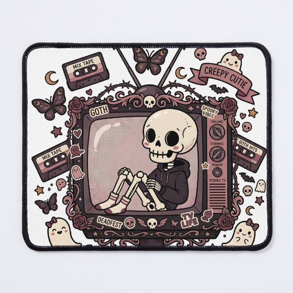 Item preview, Skeleton Sitting Inside Vintage Television Surrounded by Mix Tapes Butterflies Ghosts and Goth designed and sold by MisteryDesigner.