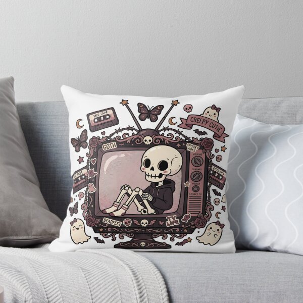 Item preview, Skeleton Sitting Inside Vintage Television Surrounded by Mix Tapes Butterflies Ghosts and Goth  designed and sold by MisteryDesigner.