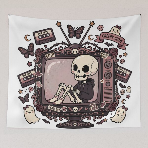 Item preview, Skeleton Sitting Inside Vintage Television Surrounded by Mix Tapes Butterflies Ghosts and Goth  designed and sold by MisteryDesigner.